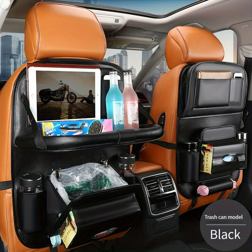 1pc Car Seat Back Faux Leather Luxury Storage Bag With Dining Tray Tissue Box Garbage Bag Hanging Bag Rear Seat Back Storage Bag