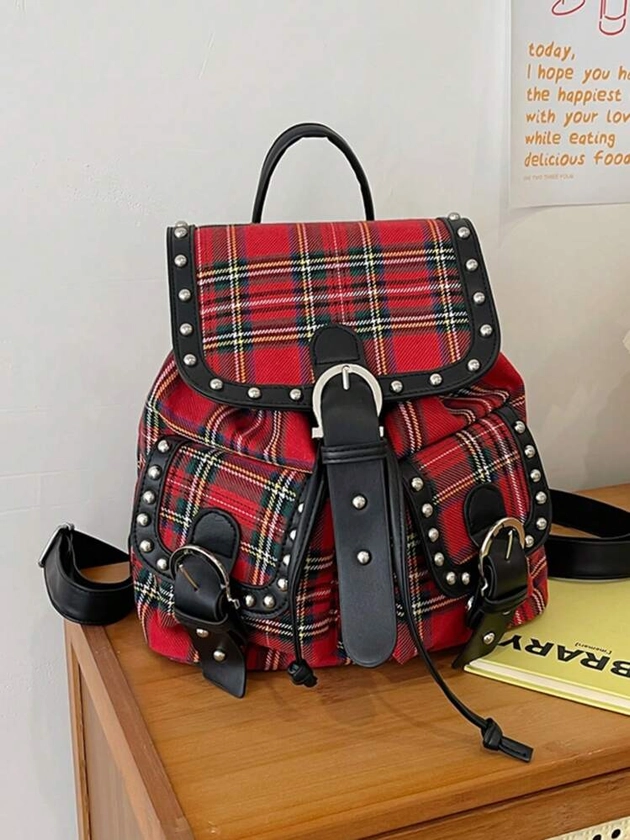 Nuovo zaino di moda in materiale nylon rosso, decorazione vintage con borchie, con due tasche, design con lacci, adatto per studenti di scuola media, superiore e università, semplice e di stile, con ampia capacità, chiusura superiore a pattella