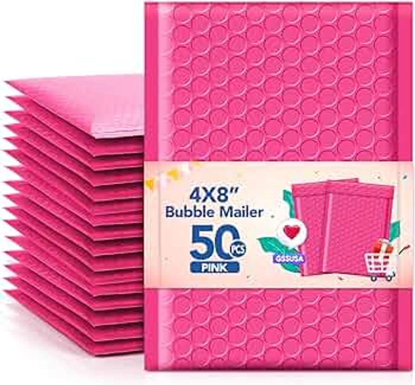 GSSUSA Pink Bubble Mailers, 4x8" Inches, 50 Pack, Usable Size 4X7" Bubble Mailers, Packaging for Small Business, Shipping Envelopes, Packaging Bags, Padded Envelopes, Mailing Envelopes