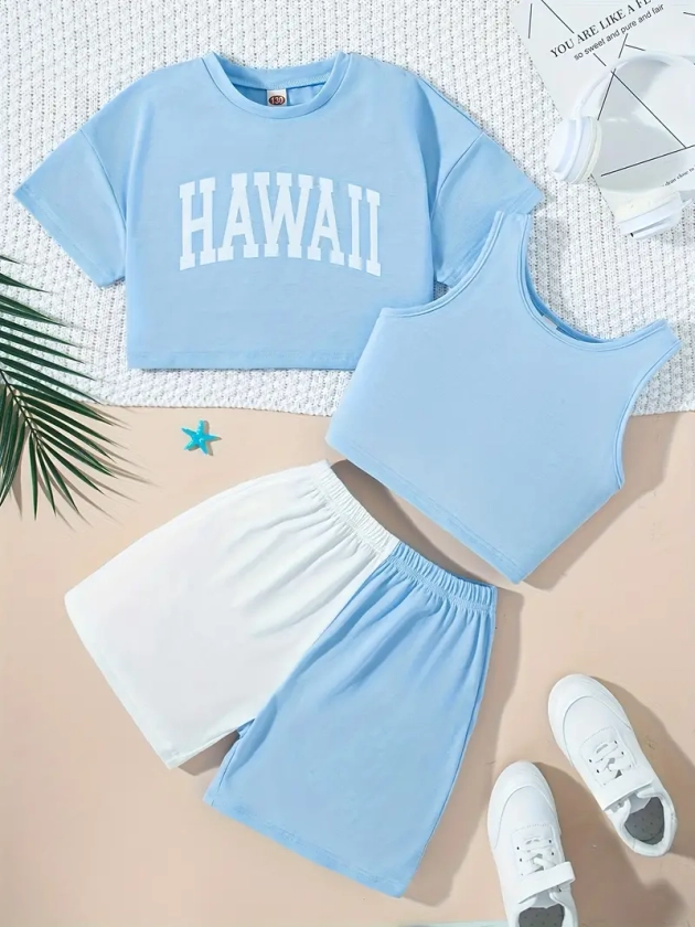 Girls Trendy 3pcs Hawaii Letter T-shirt + Tank Top + Color Block Shorts Set, Sports Casual Outfit Summer Clothes