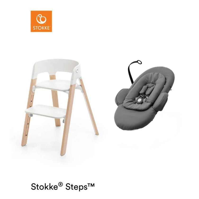 Stokke Steps Chair + Bouncer Bundle - White + Natural | Natural Baby Shower