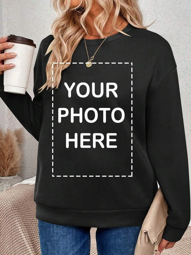 Sudadera personalizada de cuello redondo para mujer: Diseñe su propia impresión personalizada agregando su propia imagen (foto familiar/selfie)