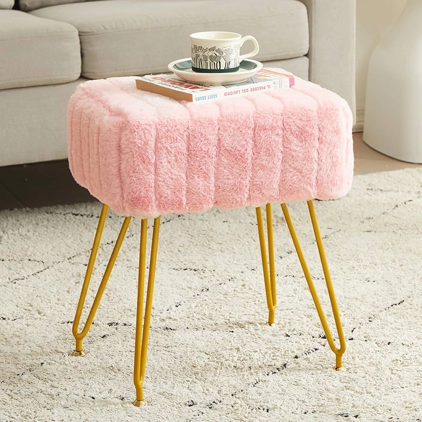 Vanity Stool Chair, Soft Faux Fur Chair, Makeup Stool with 4 Metal Legs & Adjustable Gold Feet, Modern Gray Ottoman Foot Rest, Vanity Stool for Makeup Room Bedroom, Pink