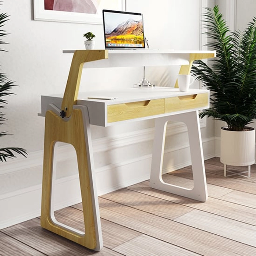 Poole High Gloss Lift-Up Computer Desk In White And Oak | FiF