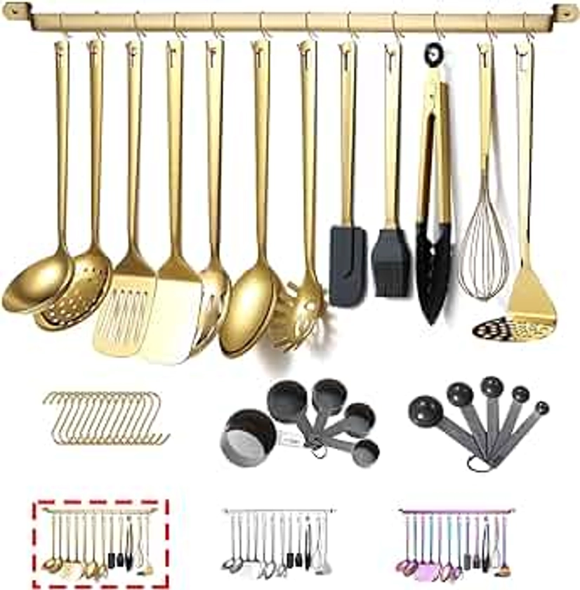 Gold Cooking Utensils Set,Kyraton Stainless Steel 37 Pieces Kitchen Utensils Set with Titanium Gold Plating,Kitchen Gadgets Cookware,Kitchen Tool Set with Utensil Holder. Dishwasher Safe