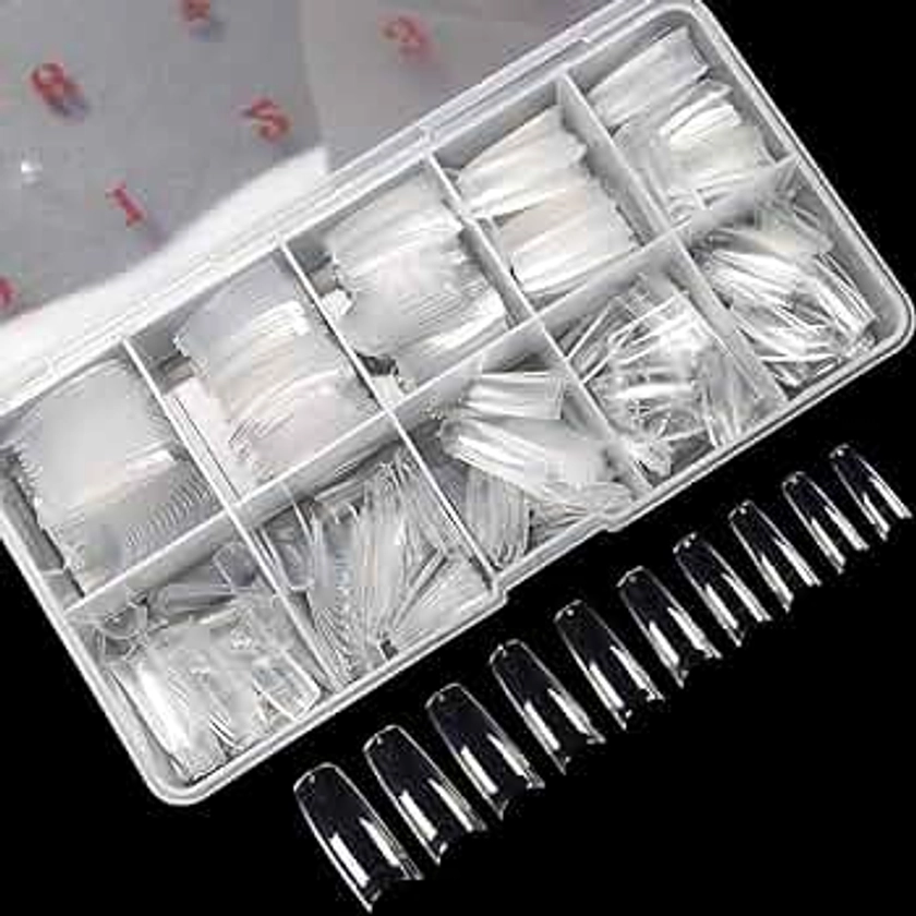 krofaue 500PCS Clear False Nails Tips, Half Cover Lady French Style Acrylic Artificial Tip Manicure with Box of 10 Sizes for Nail Tips Art Salons and Home DIY…