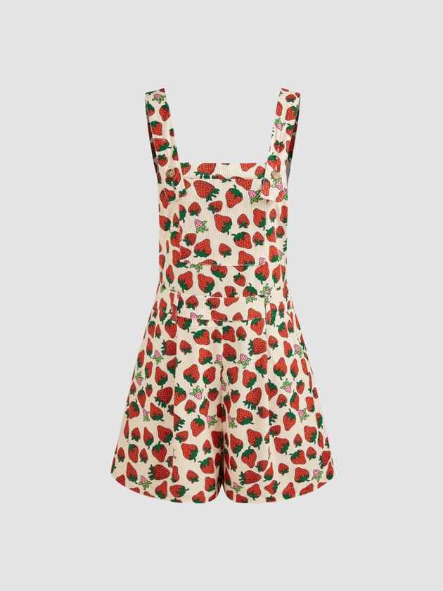 Corduroy Corduroy Square Neck Strawberry Graphic Romper For Picnic