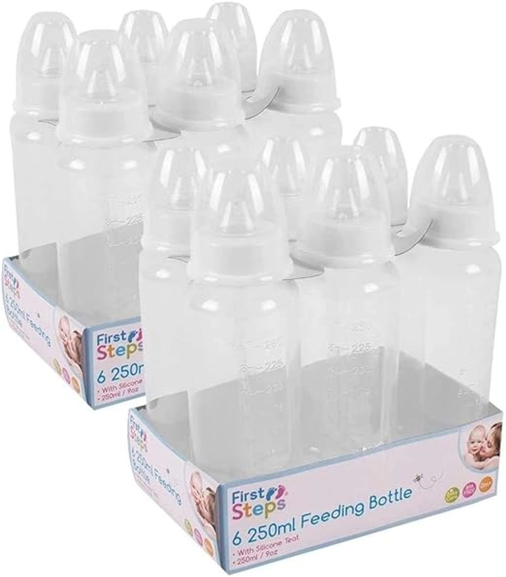 Pack of 12 Baby Bottles Silicone Teat Newborns BPA Free 250ml Clear Design