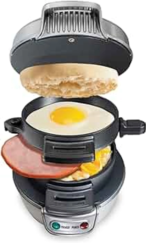 Hamilton Beach Breakfast Sandwich Maker with Egg Cooker Ring, Customize Ingredients, Perfect for English Muffins, Croissants, Mini Waffles, Perfect White Elephant Gifts, Silver (25475)