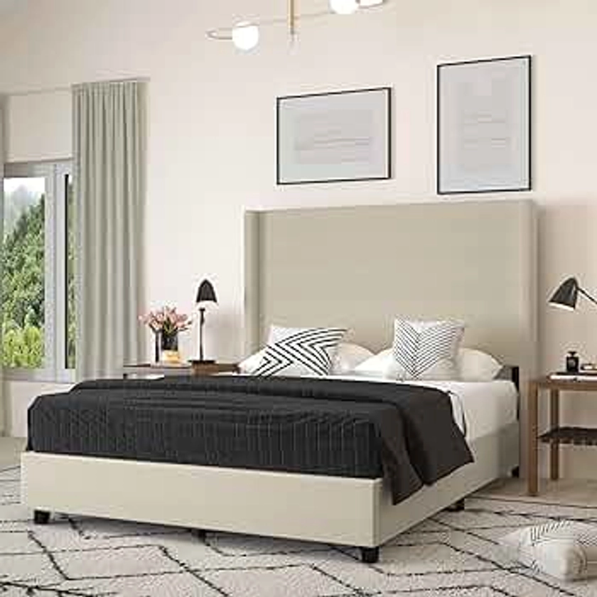 Merrick Lane Bramlett Modern Platform Bed - Beige Faux Linen - Queen - Padded Wingback Headboard - 3" Floor Clearance - Wood Support Slats - No Box Spring Needed