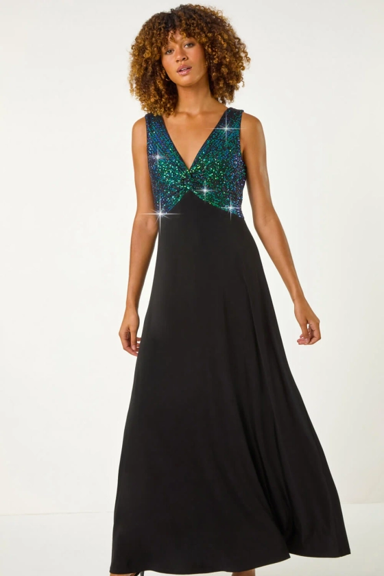 Green Contrast Sequin Bodice Maxi Dress | Roman UK