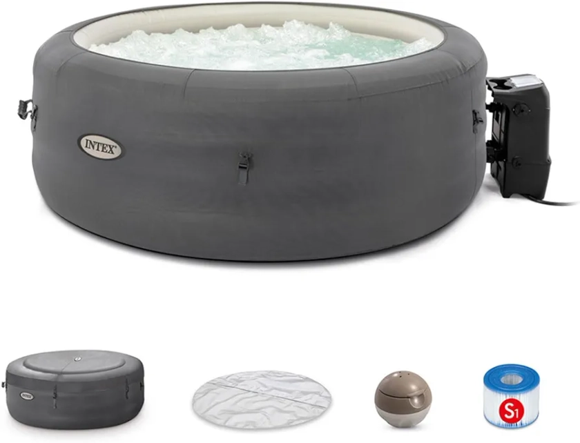 Intex SimpleSpa Bubble Massage 4 Person Inflatable Round Hot Tub Relaxing Outdoor Water Spa with Soothing Jets, Insulated Cover, and Storage Bag, Gray