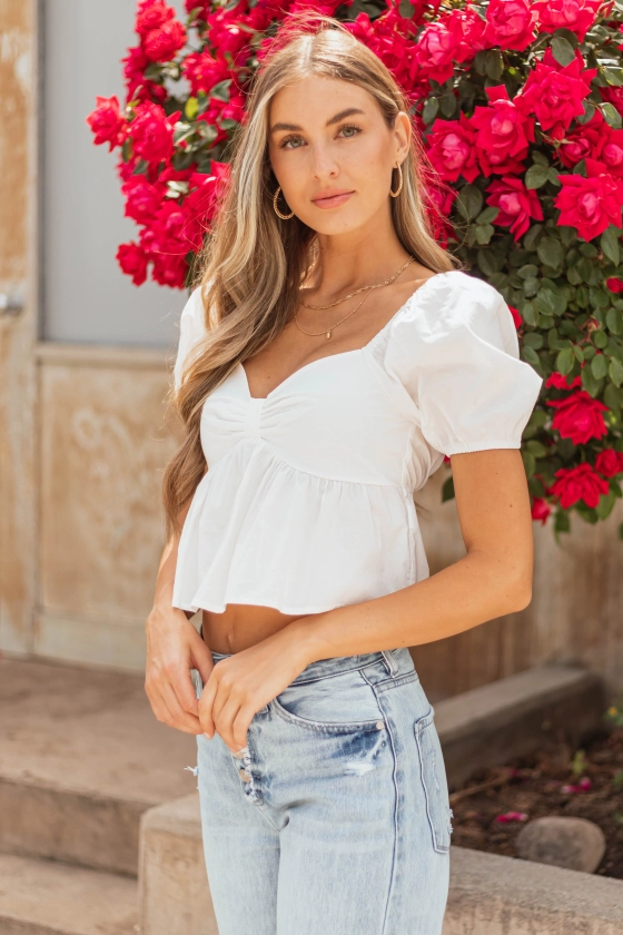 White Poplin Short Puff Sleeve Top