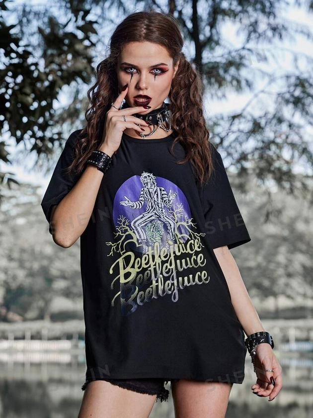 Beetlejuice | ROMWE T-shirt oversize con spalle a goccia, con grafiche di figure cartoni animati e lettere, adatta per la scuola