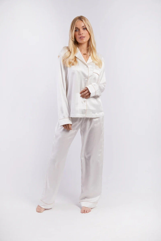 Personalised Bridal Luxury Satin Long Sleeve Pyjama Set - White / Nude