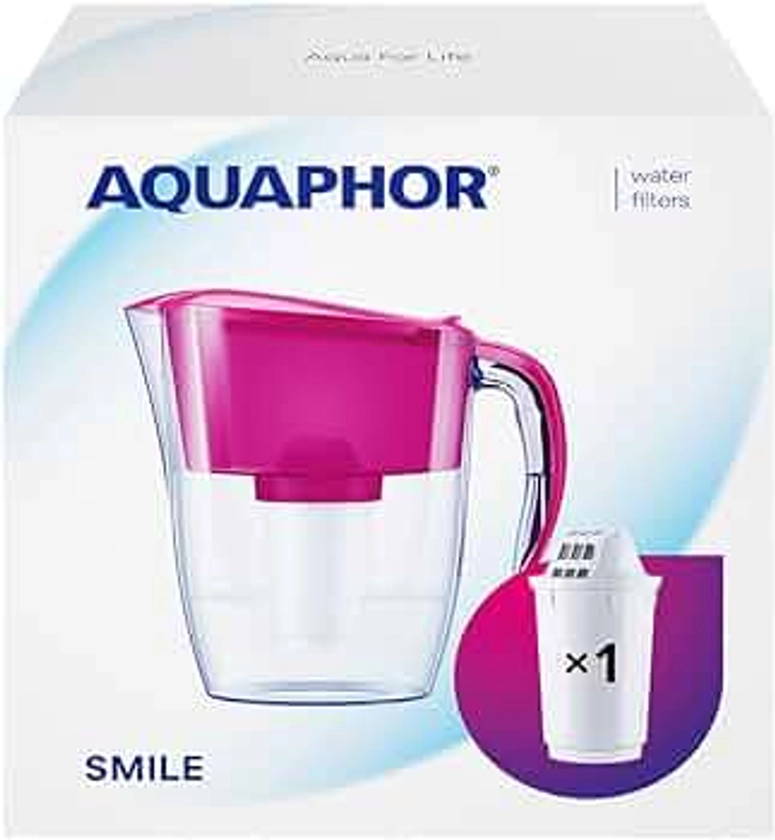 AQUAPHOR Smile Fridge Water Filter Jug, Includes 1x A5 Filter Cartridge with Added Magnesium. Reduce Limescale, Chlorine & Heavy Metals, Plastic, Volume 2.9 L, Cyclamen Pink