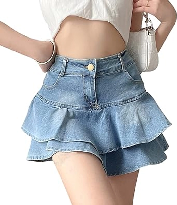 Amazon.com: Women's Y2K High Waisted Ruffle Jean Skirt Casual Mini Flared Skater Denim Skirt Blue : Clothing, Shoes & Jewelry