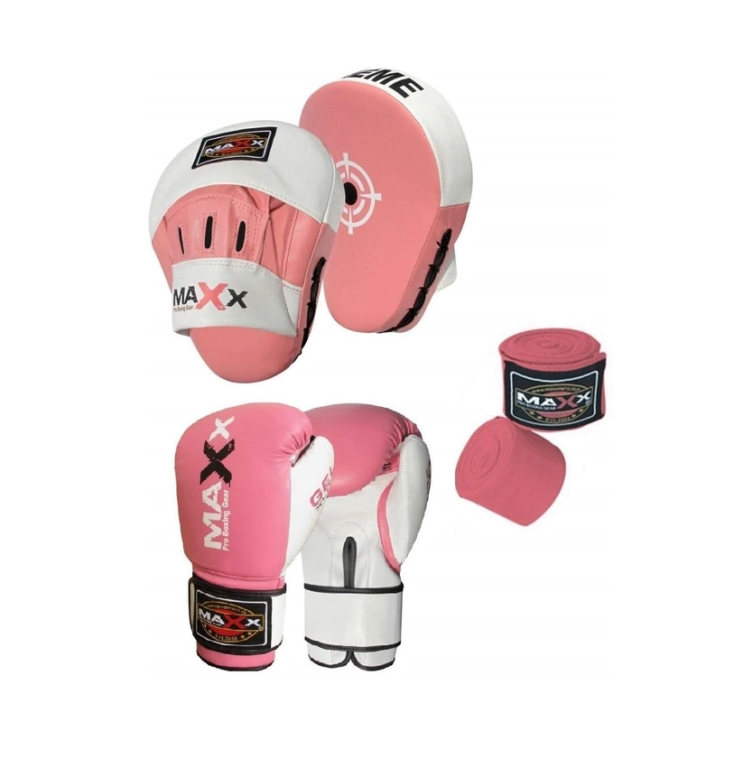 Pink White Curved Focus pads, Hook & Jab Pad with Training Gloves & FREE hand wraps Martial Arts - Maxx Pro Boxing