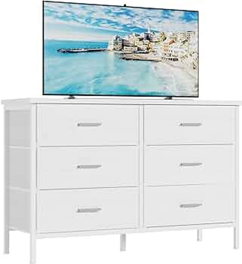 BOLUO White Dresser for Bedroom 6 Drawer,Wide Dresser TV Stand for 50" TV Dressers & Chests of Drawers Fabric Dresser for Closet Modern