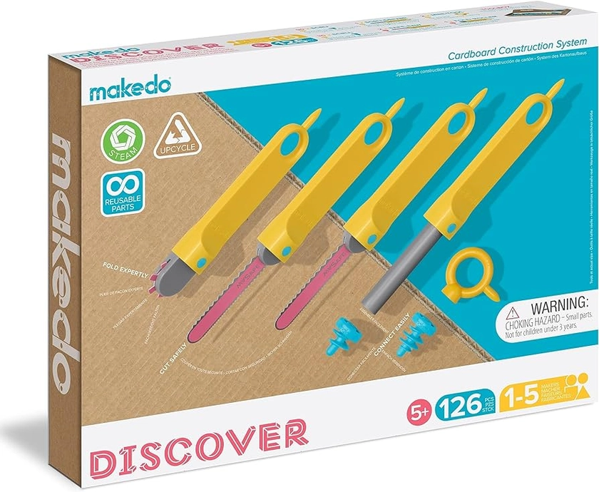 Makedo - Konstruktionsspielzeuge für Pappe, Kinderspiele ab 5, Mint-Lernspielzeug, perfekt für das kreative Spielen zu Hause - 126-teiliger Werkzeugsatz - Discover Packung