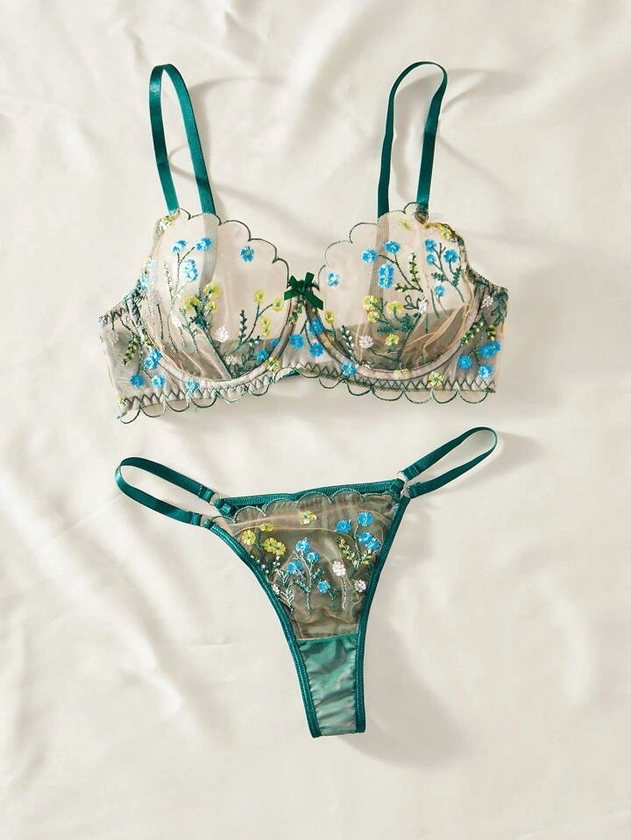 2 peças Conjunto de Lingerie Sexy com Flor Bordada em contraste de rede, Conjunto de sutiã e calcinha