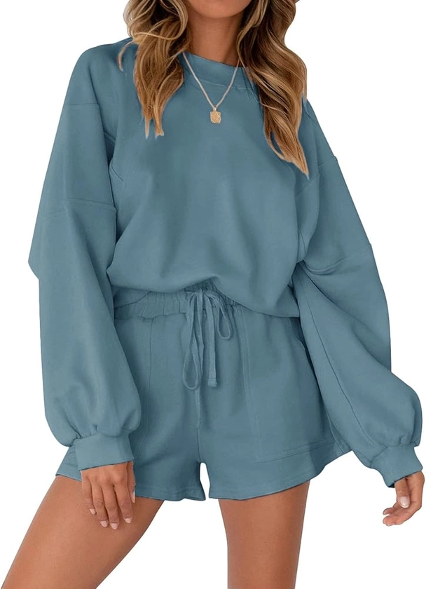 MEROKEETY Women's 2024 Fall Oversized Batwing Sleeve Lounge Sets Casual Top and Shorts 2 Piece Outfits Sweatsuit