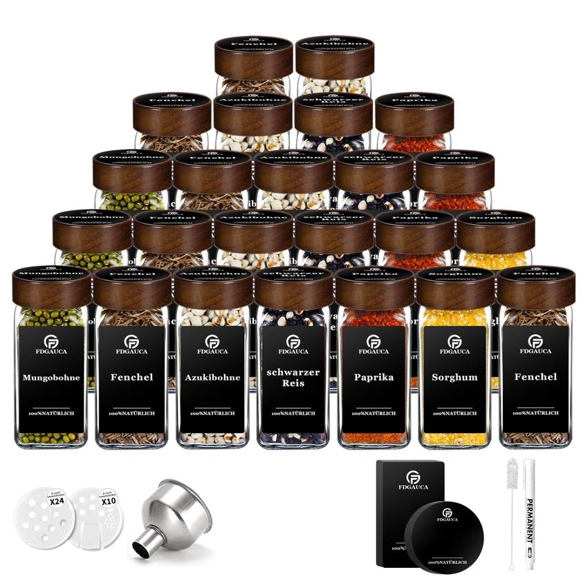 Ensemble d'épices gastronomiques : 12 pots en verre de 120 ml avec couvercles en bois, 10 agitateurs d'épices, 1 stylo permanent, 1 entonnoir, 1 pinceau et 1 ensemble sel et poivre - Idéal pour la cuisine à la maison