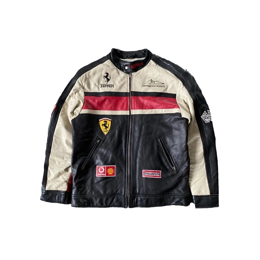 Ferrari Leather Racing Jacket,Genuine Cowhide Cream & Black Leather Jacket Men's