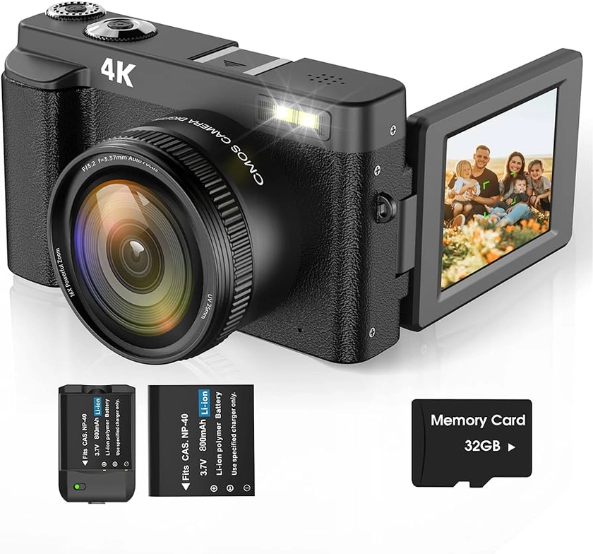 4K Digital Camera for Photography Autofocus 48MP Vlogging Camera with Flash 3'' 180°Flip Screen,16X Digital Zoom Anti-Shake Video Camera for YouTube, Point Shoot Digital Cameras with 32GB Memory Card