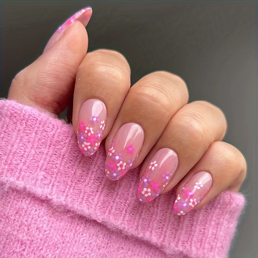 24pcs Short Almond Acrylic Press-on Nails, Glossy Pastel Floral * Nail Set, Pre-glued Fashion Nails For Quick Application, Perfect For Spring