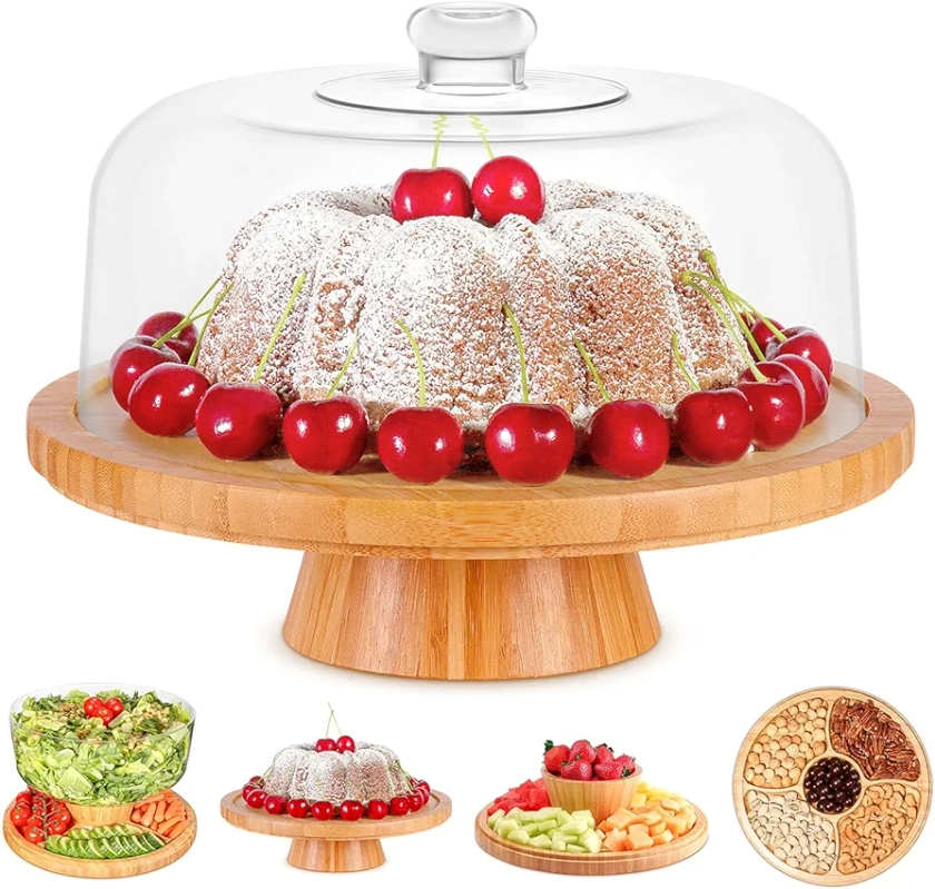 Homeries Cake Stand with Lid, Cake Plate, (6 in 1) Multi-Functional Serving Platter, Large Cake Stand with Dome - Use as Cake Holder, Cake Cover - Bamboo