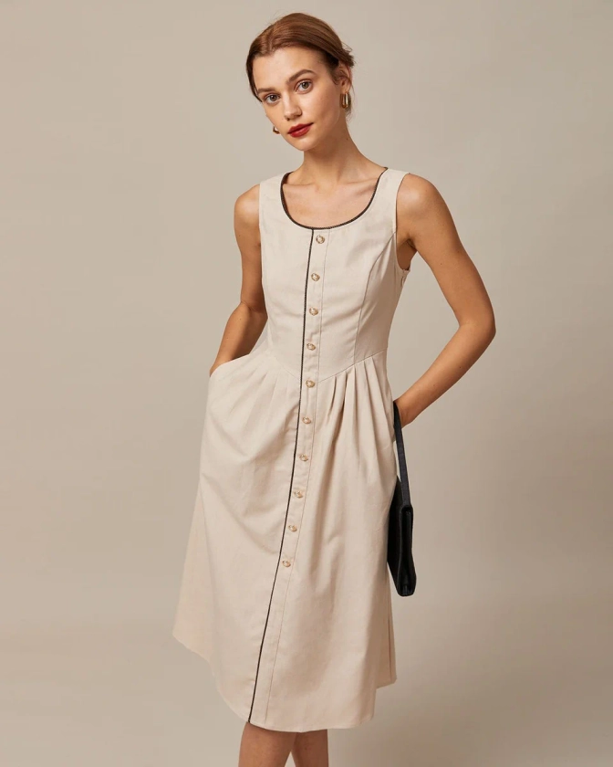 The Khaki Round Neck A-Line Midi Dress - Khaki A Line Button Up Sleeveless Dress - Khaki - Dresses | RIHOAS