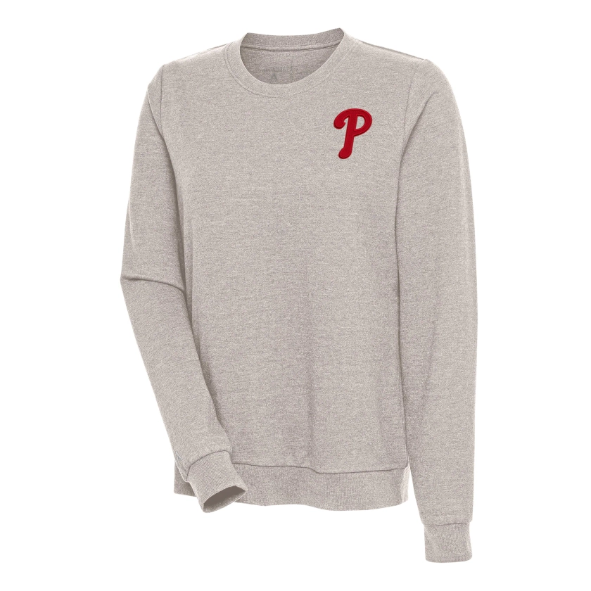 Women's Philadelphia Phillies Antigua Oatmeal Action Crewneck Pullover Sweatshirt