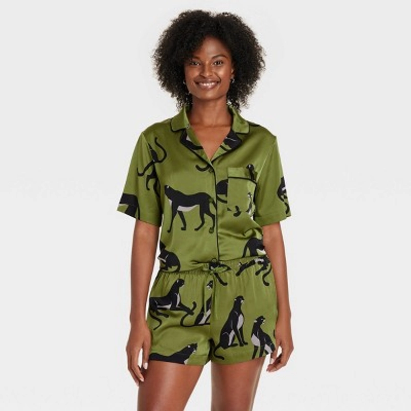 Women's Satin Notch Collar Short Sleeve and Shorts Pajama Set - Auden™ Green/Panther XS