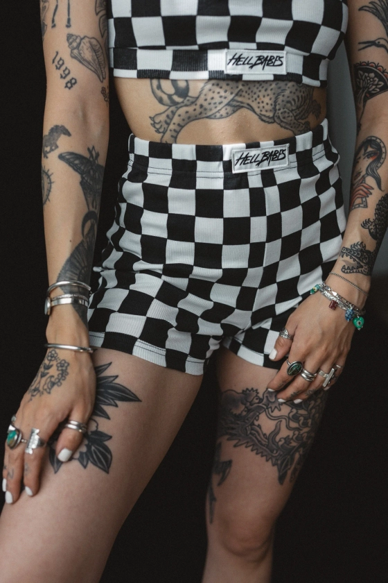 Checkered Ribbed Biker Shorts