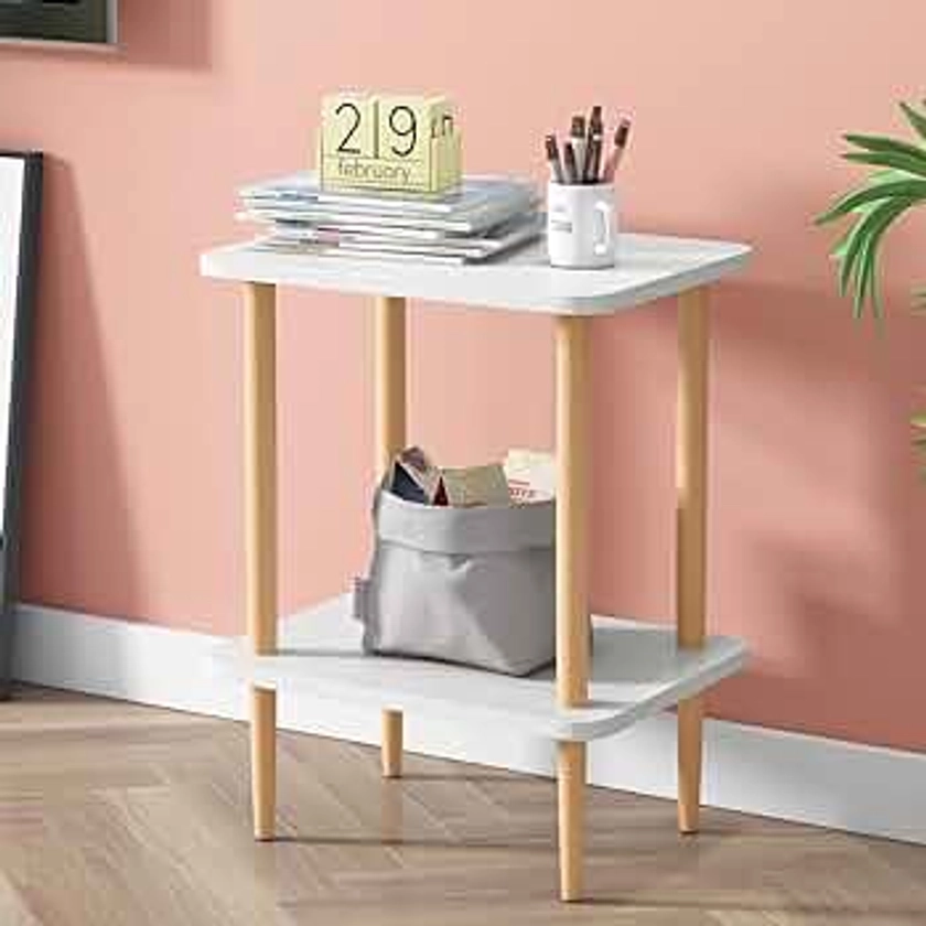 2-Tier Side Table Tall End Table with Storage Rack Wooden Nightstand Bedside Table for Living Room Bedroom Office No-Tool Assembly (White).