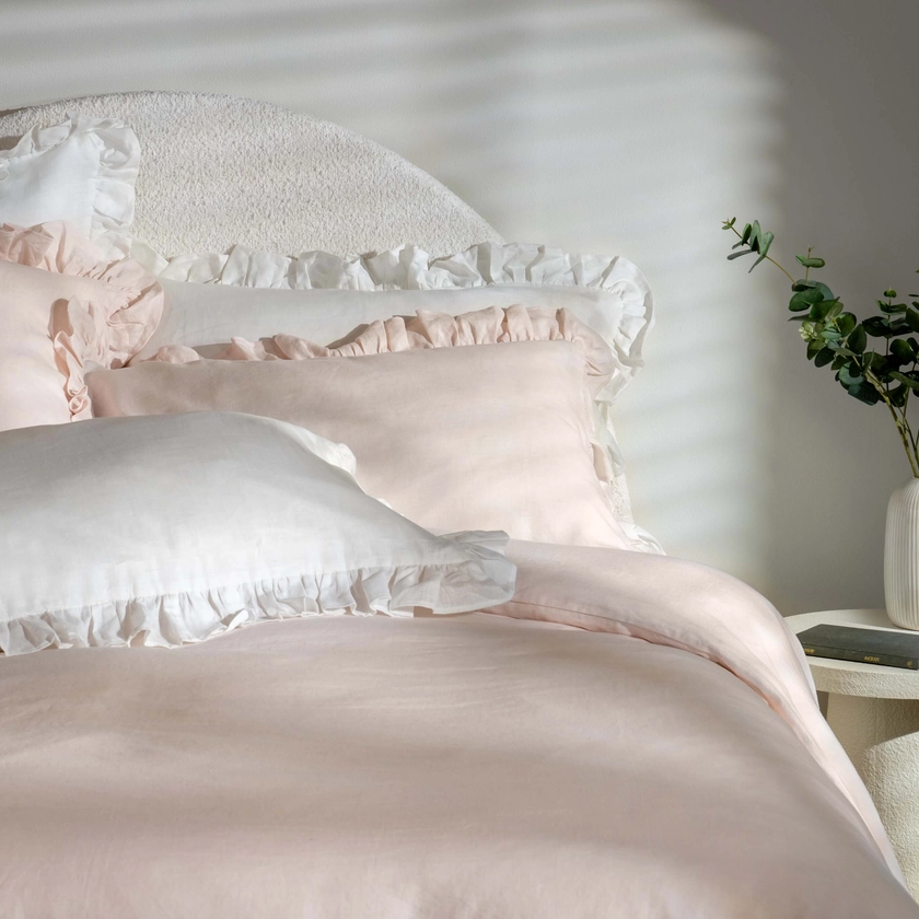 Blush Pink Ruffled French Linen Superking Duvet Cover