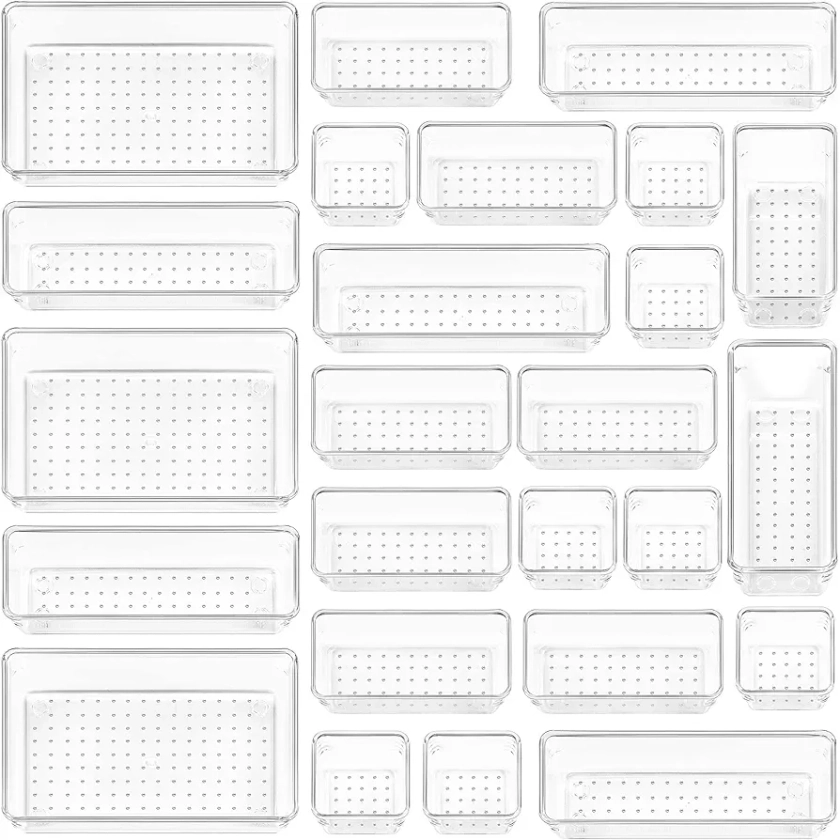 Vtopmart 25 PCS Clear Plastic Drawer Organizers Set, 4-Size Versatile Bathroom and Vanity Drawer Organizer Trays, Storage Bins for Makeup, Bedroom, Kitchen Gadgets Utensils and Office