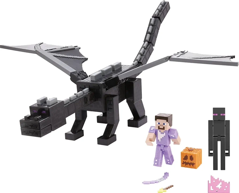 Mattel Minecraft Ender Dragon Action Figures Set, Lights, Sounds & Mist with Steve & Enderman 3.25-in Scale Figures