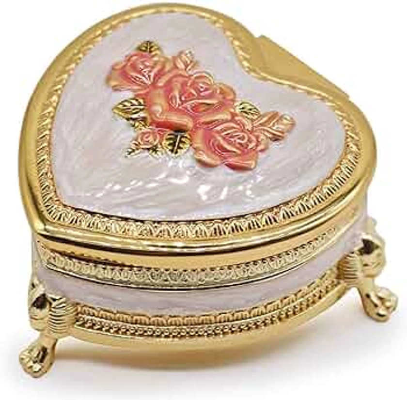 Classic Vintage Heart Shape Metal Jewelry Box Ring Trinket Storage Organizer Chest Christmas Gift, Gold & Pink