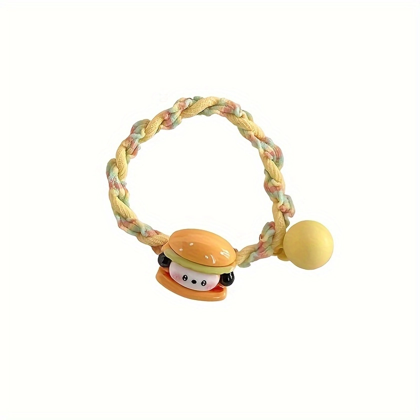 1pc Cute Yellow Hair Ties With Burger & Fries Charms, Multicolor Braided Elastic Bands For Girls Hair Accessory