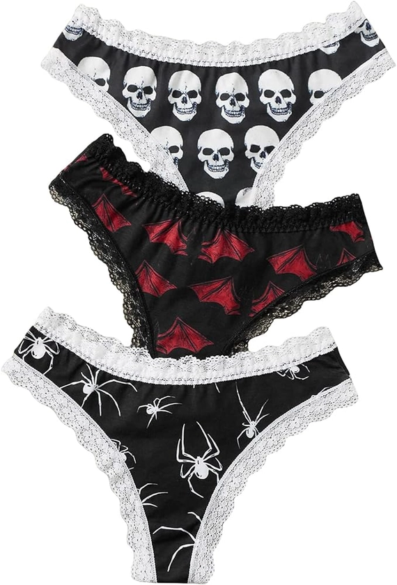 WDIRARA Women's 3 Pack Skull Graphic Print Lace Trim Underwear Panty Set