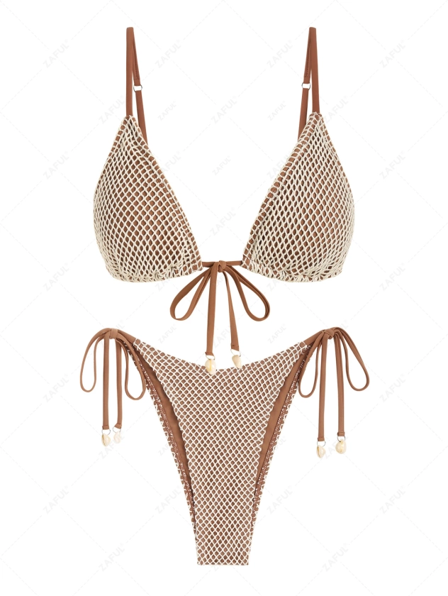 Fishnet Mesh Tie Cami Shell Decor Triangle String Tanga Bikini Set