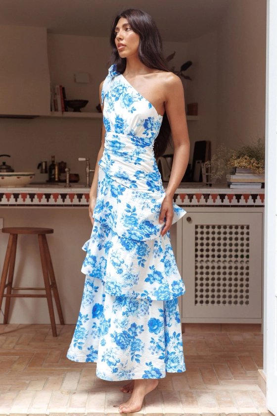 Kenny One Shoulder Tiered Maxi Dress Blue