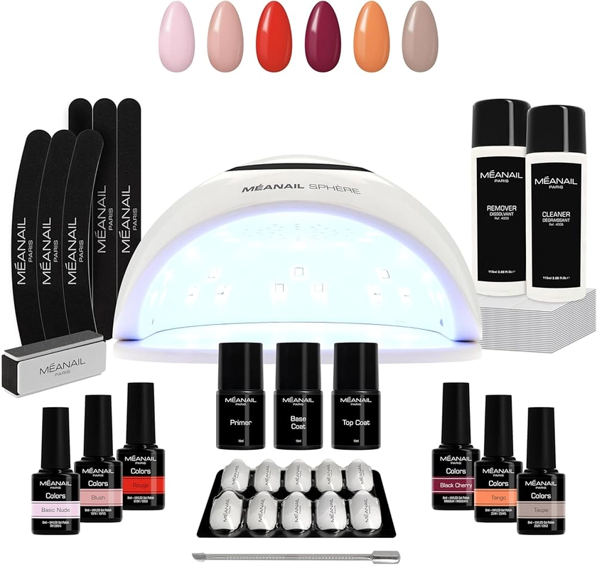 MEANAIL Paris - Marque française - Kit manucure - Complet - Vernis semi permanent - Lampe LED - 6 Vernis à Ongles - 1 Base Coat - 1 Top Coat - 1 Primer - Cruelty Free - Vegan - Coffret Sphère