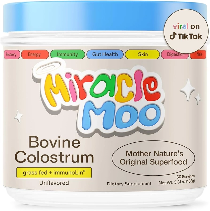 Amazon.com: Miracle Moo Colostrum Supplement for Gut Health, Hair Growth, Beauty and Immune Support - Easy to Mix Grass Fed Bovine Powder - Highest IgG Plus ImmunoLin, Unflavored 60 Servings : Health & Household