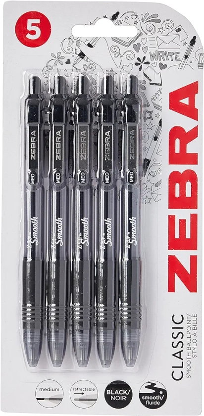 ZEBRA Pen Z Grip Smooth Black Ballpoint Pens, Comfortable ZEBRA Pens With Pocket Clip, Retractable Ballpoint, Reliable Black Biro Pens Multipack For Everyday Use - Medium Point, 5pk