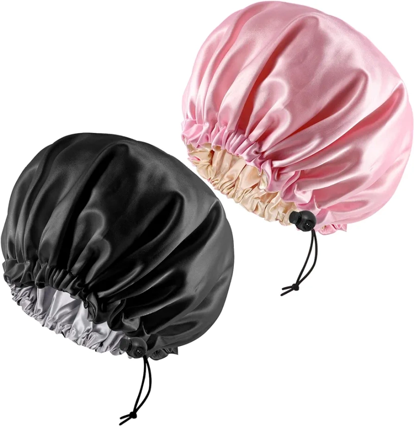 2 Pieces Adjustable Silk Bonnet, 34cm Double Sided Satin Sleep Caps Night Sleep Hat for All Hair Lengths Women Curly Natural Hair Protection Head Cover