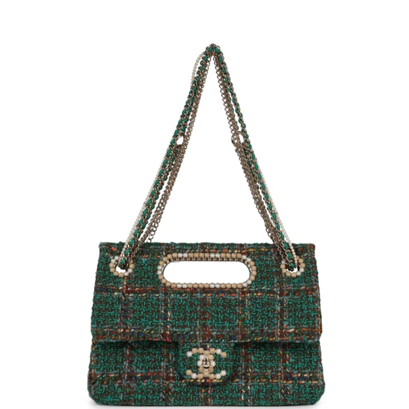 Chanel Large Double Flap Bag with Cut Out Handle and Multi Chain Green Tweed Gold Hardware