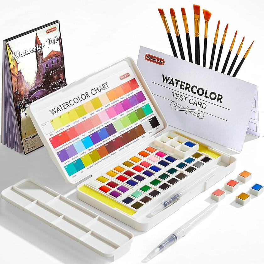 Shuttle Art Watercolour Paint Set, 48 Colours Watercolour Paint in Half Pans with 2 Water Brush Pens, 10 Paint Brushes, 1 Watercolour Pad, 1 Palette, 2 Colour Charts, Watercolour Kit for Kids Adults